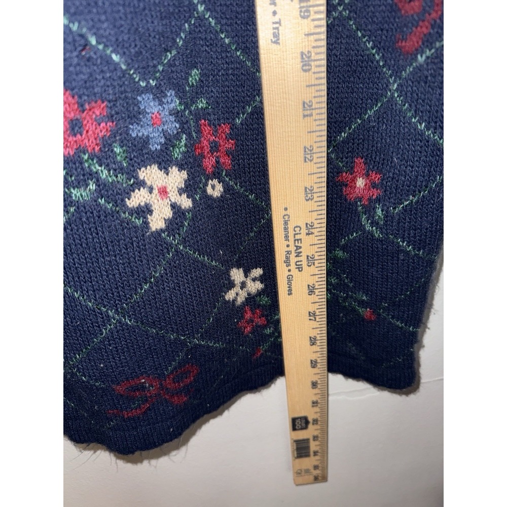 Basic Editions Navy Green Floral Knit Sweater Scalloped Crewneck Medum - Picture 5 of 7